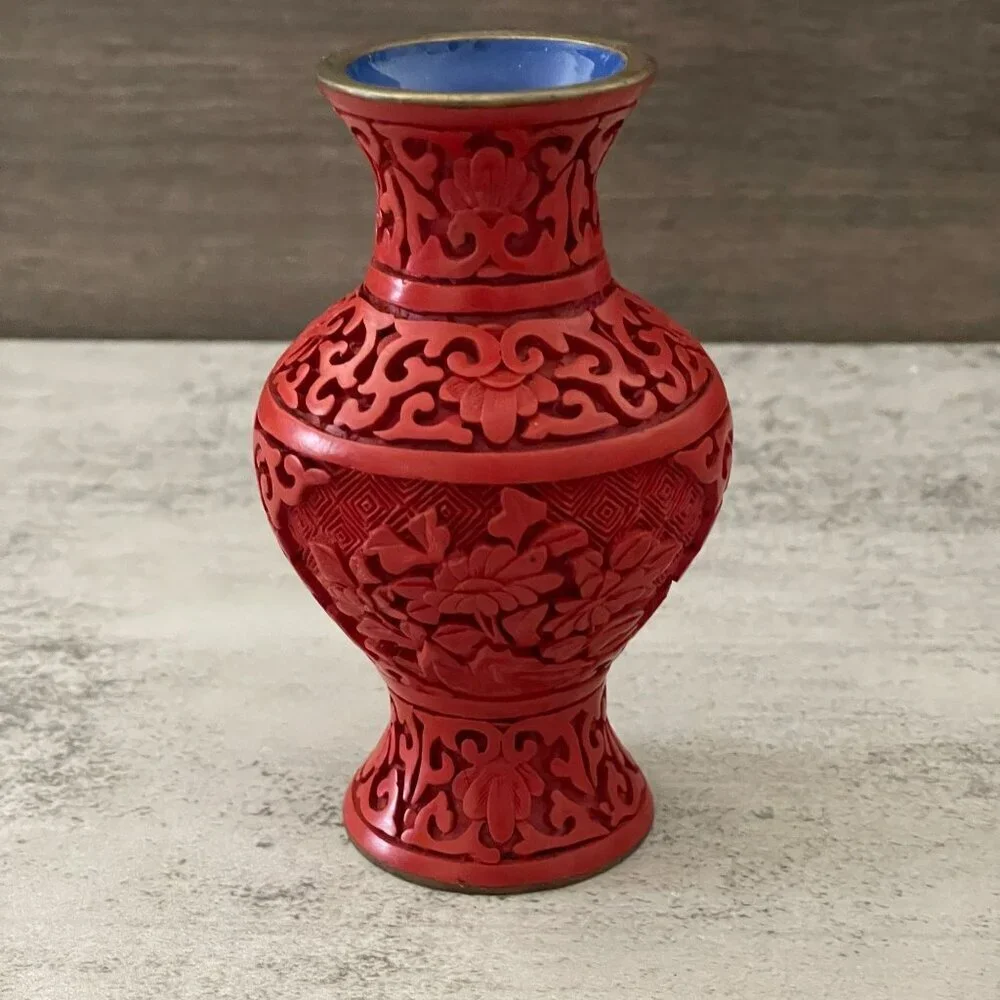 Vintage Red Cinnabar Blue Enamel Brass Hand Carved Lacquer Bud Small Vase 4.25
